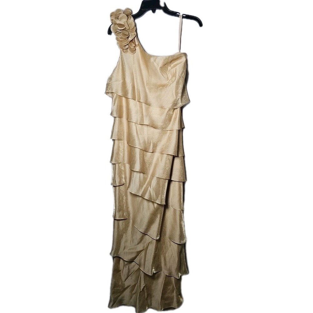 NWT Xscape 6318X Gold One Shoulder Tiered Ruffle Formal Evening Gown Dress 16